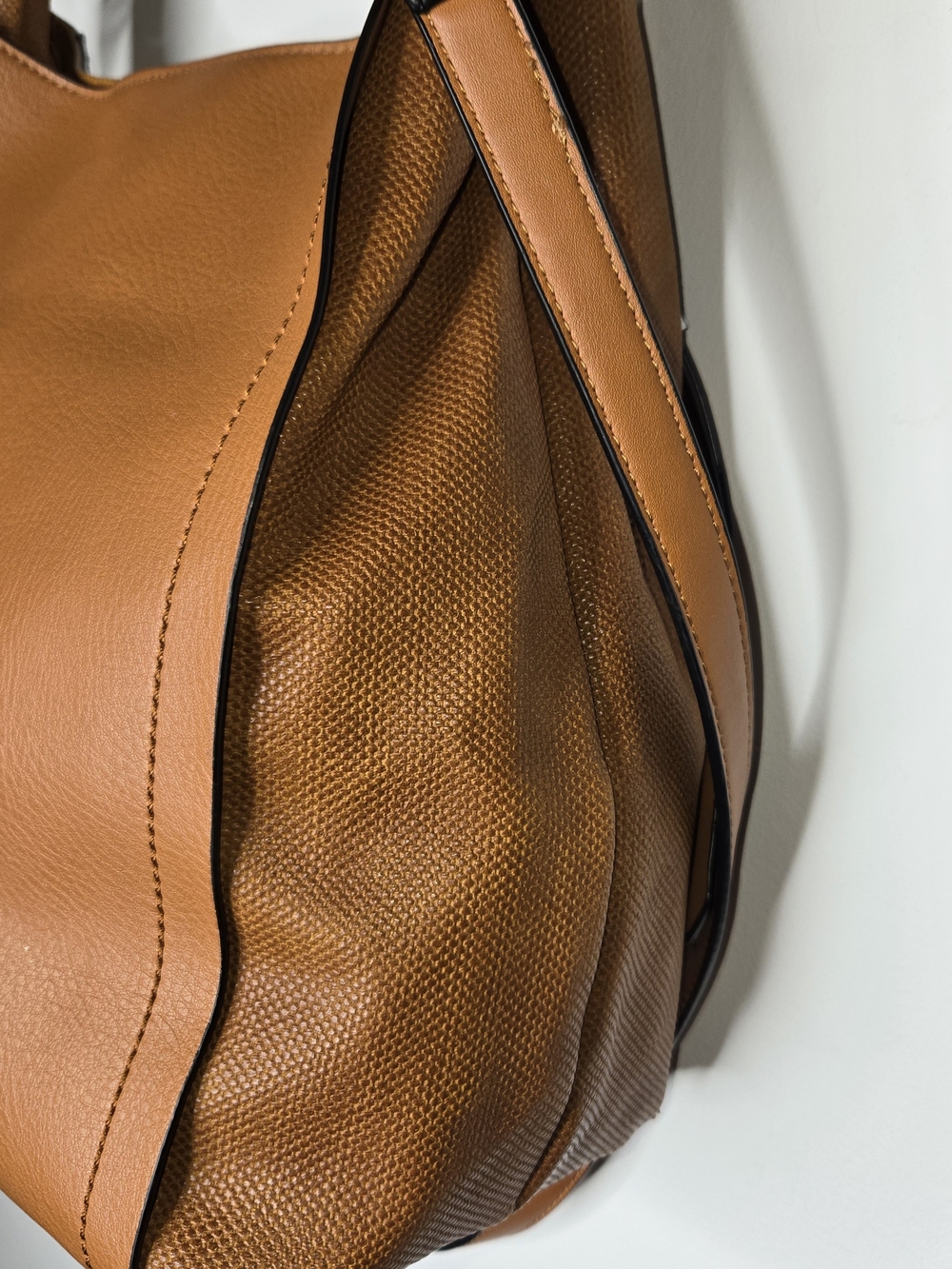 Tan Faux Leather Slouchy Hobo Shoulder Bag with Textured Leather Trim Tote 12x12 - Picture 4 of 16